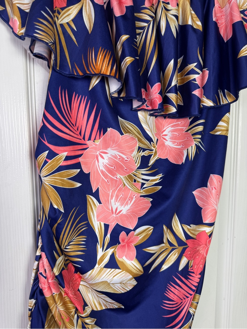 Navy Tropical Floral Off-Shoulder Bodycon Stretch Women's Dress
